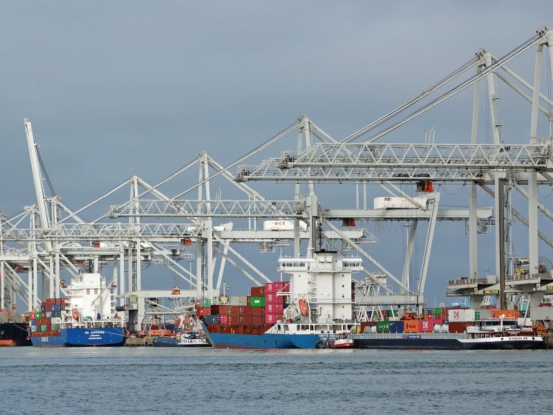 Binnenschiffe und Seeschiffe mit Containern beladen liegen vor einer Kaimauer, auf der mehrere Containerbrücken stehen.